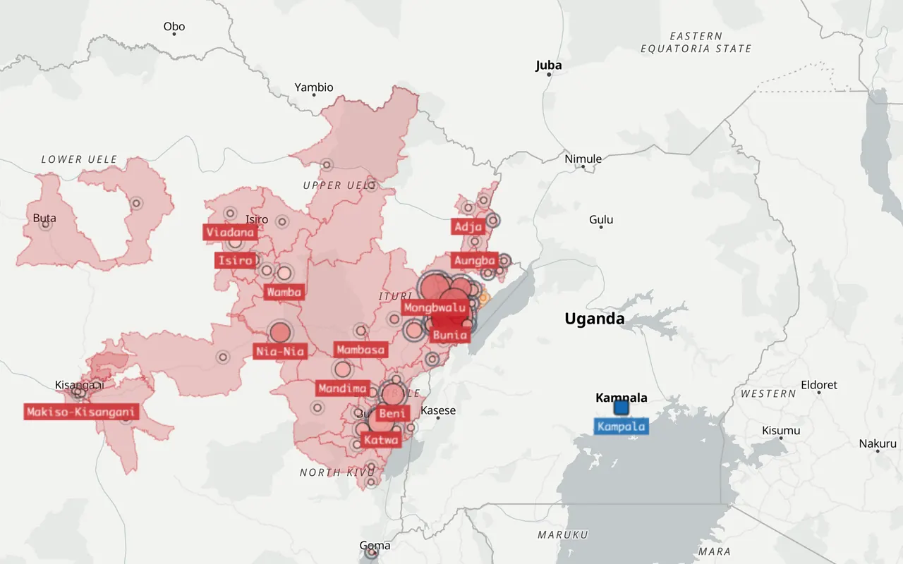 The LOVS spatial map on a pale grey basemap, framed on north-eastern Democratic Republic of the Congo where Ituri, Nord-Kivu and Haut-Uele meet the Uganda border. Health zones with confirmed cases are shaded red, deeper where incidence is higher, each with a circle sized by its cases, and the larger zones are named on small red labels. The densest cluster runs along the border from Lake Edward north past Lake Albert, with shaded zones reaching west to Kisangani and Buta, a case marker at Goma to the south, and Uganda to the east.